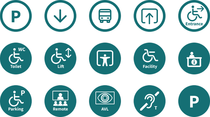 Icon set for accessibility services, court facilities and map legends.