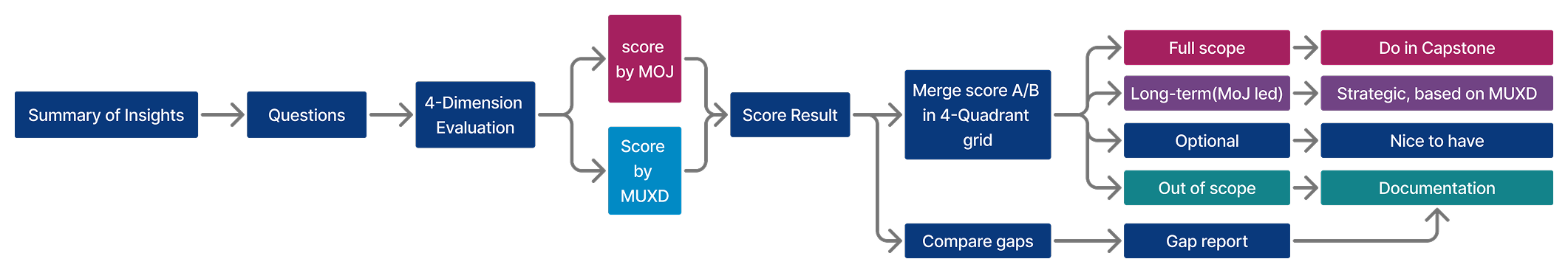 Evaluation pathway from insights to scoring results and prioritisation.