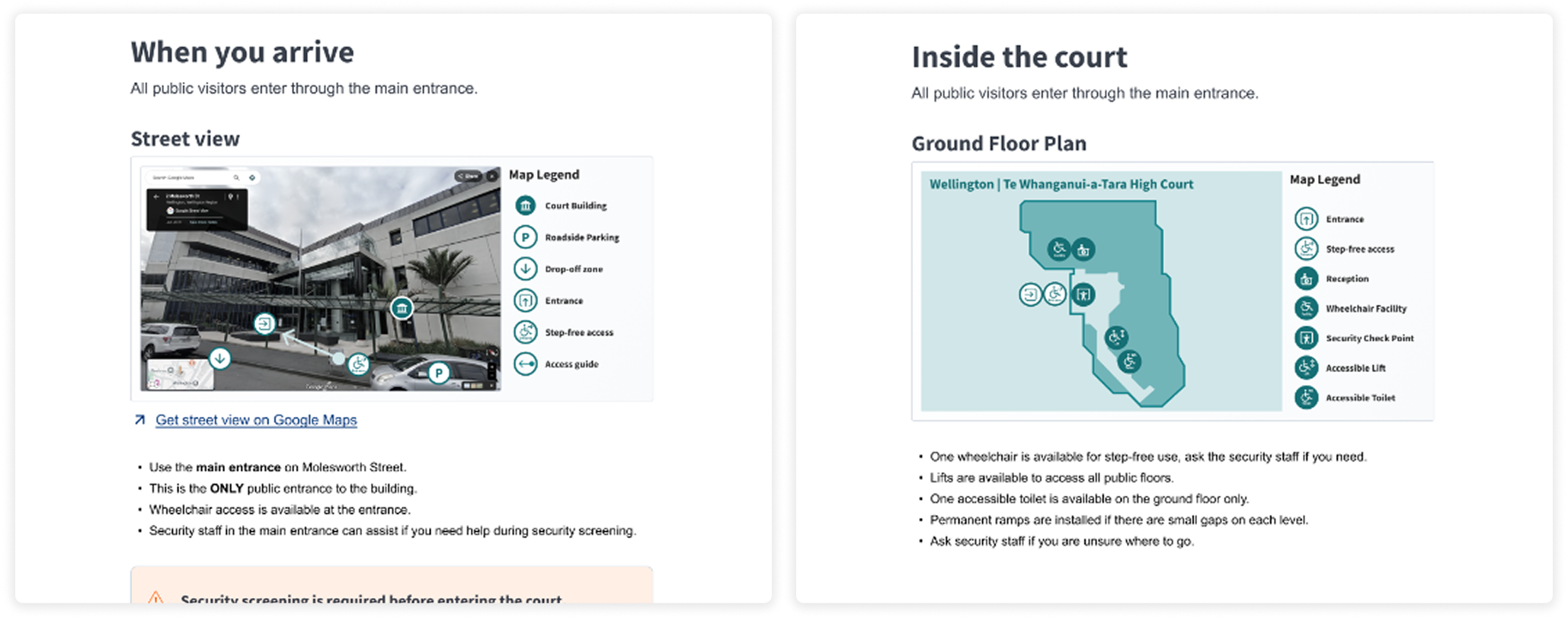 Interface showing court visit guidance with visual information.