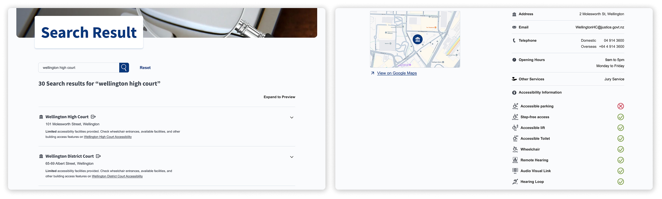 Interface showing progressive disclosure of court support information.