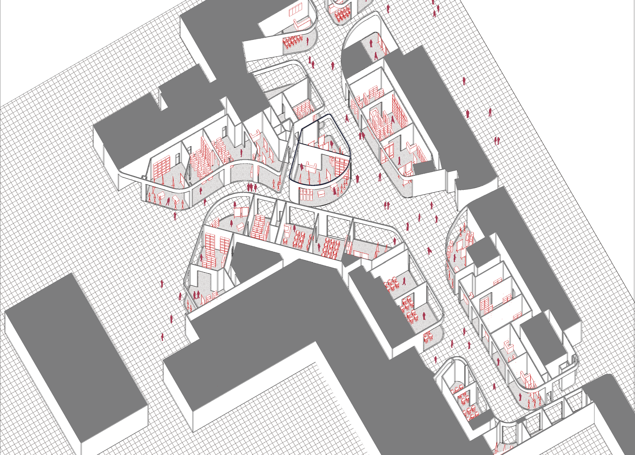 Commercial area drawing showing retail, circulation and public movement.