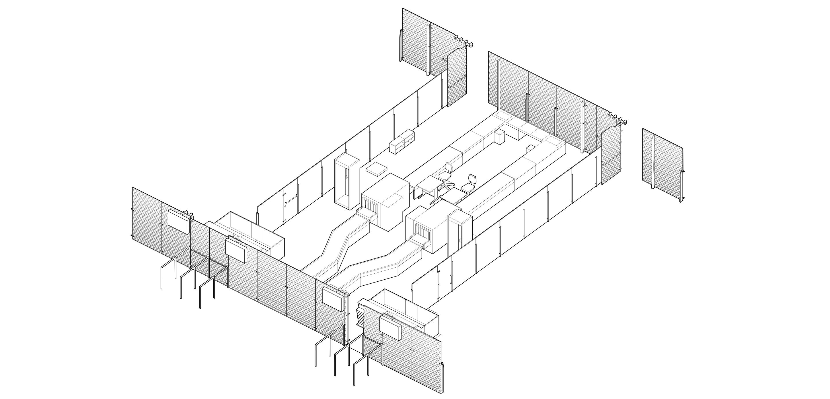 Security check island integrated with equipment and partition systems.