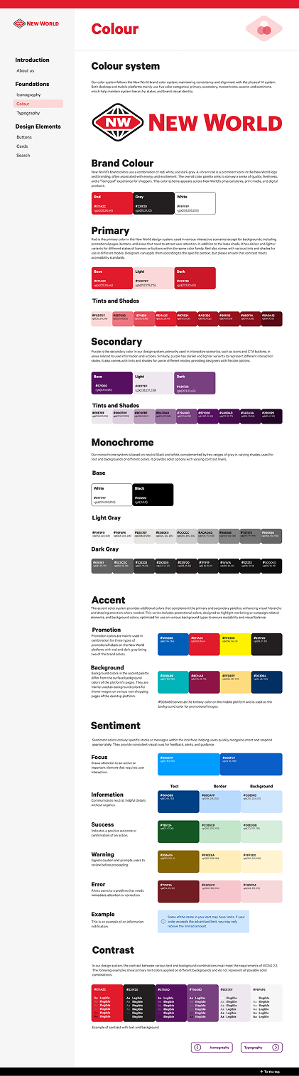 Scrollable colour page from the New World Design System microsite.