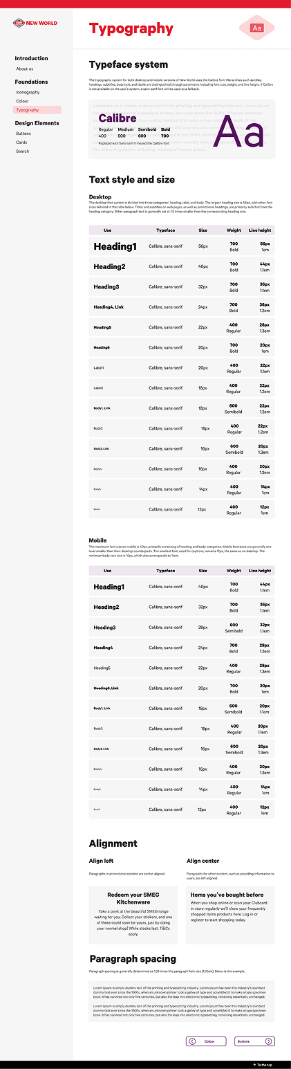 Scrollable typography page from the New World Design System microsite.